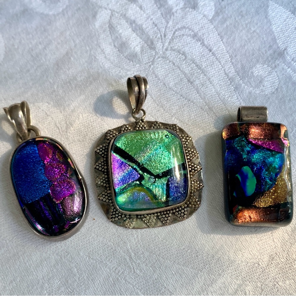 Dichroic Glass Sterling Silver Pendant Group Of 3